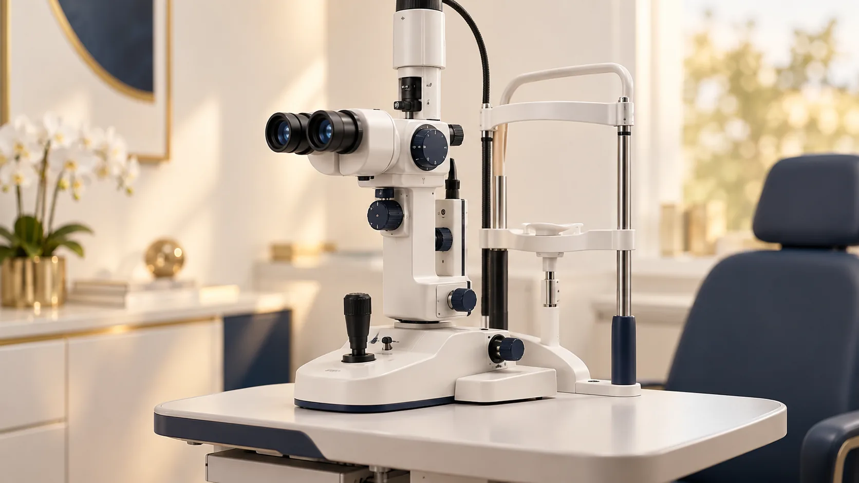 Equipamento oftalmológico ilustrativo com microscópio binocular e apoio para o rosto.